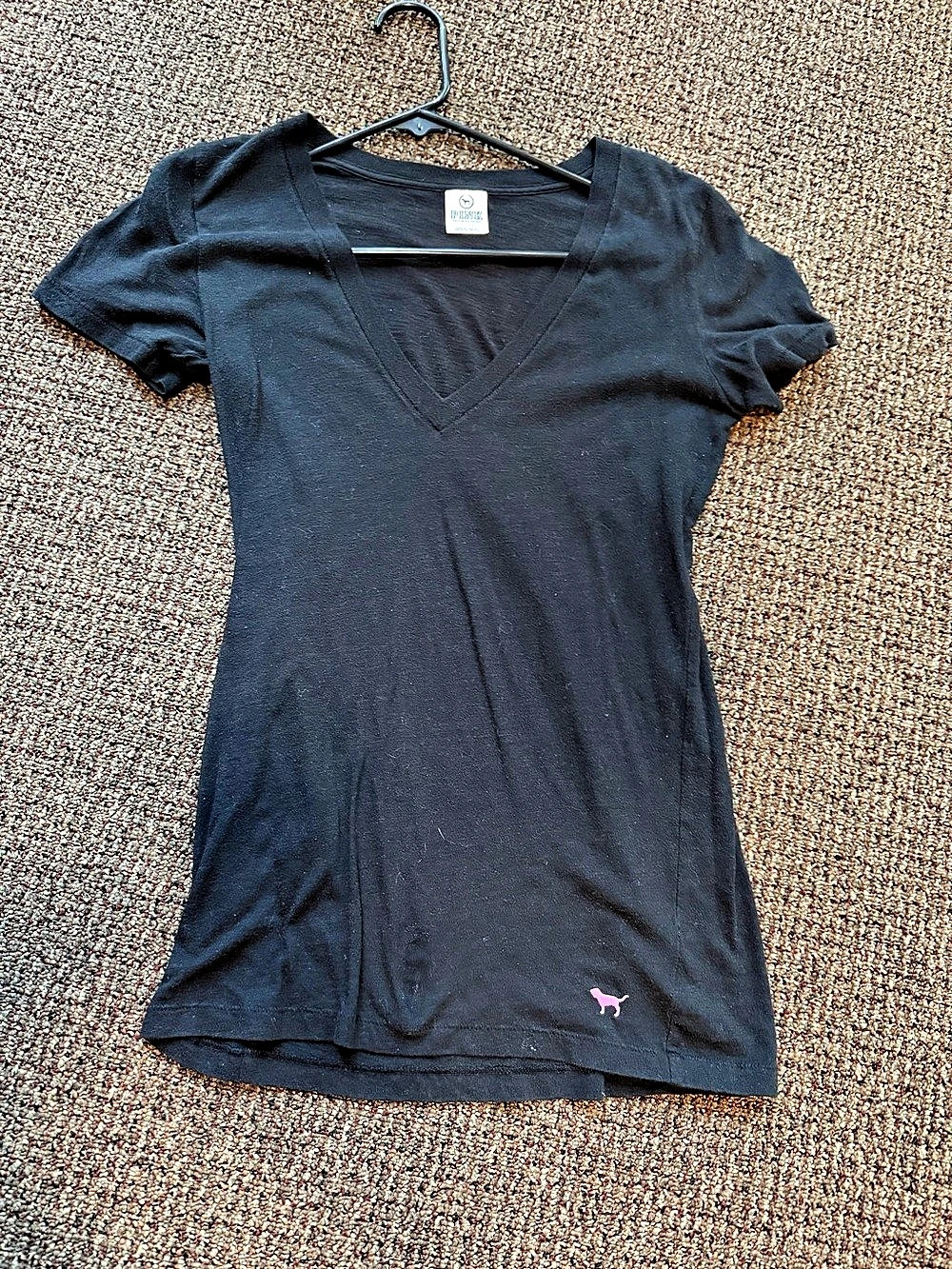 PINK Victoria's Secret Short Sleeve V-Neck Logo Tee Black Medium